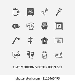 Modern, simple vector icon set with instrument, food, salt, milk, string, wine, construction, cafe, website, analytics, tool, transport, plastic, white, bottle, arrow, screwdriver, business, pan icons