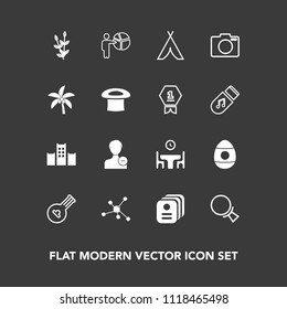 Modern, simple vector icon set on dark background with magnifying, presentation, identity, holiday, profile, tent, string, camp, businessman, table, dinner, adventure, avatar, molecule, family icons