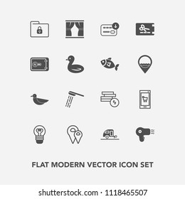 Modern, simple vector icon set with animal, hairdryer, business, hygiene, bath, trailer, electricity, dryer, caravan, cash, finance, lamp, location, nature, wildlife, pin, bank, curtain, app icons