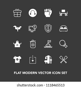 Modern, simple vector icon set on dark background with office, gift, boat, download, sea, water, desk, baby, fitness, sport, box, paddle, child, canoe, table, people, chief, recycling, present icons
