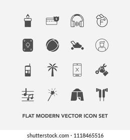 Modern, simple vector icon set with cash, flame, , construction, coin, scale, thermometer, industry, game, money, note, stereo, camp, wand, phone, audio, temperature, poker, sound, builder, fire icons