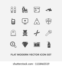 Modern, simple vector icon set with concept, girl, alien, travel, standing, equipment, cut, gardening, happy, spanner, person, character, web, locomotive, transport, gem, tool, media, monster icons