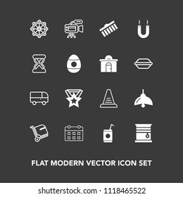 Modern, simple vector icon set on dark background with rudder, interior, nautical, ship, liquid, timetable, helm, medal, bulb, calendar, brush, concept, up, home, speed, airport, business, room icons