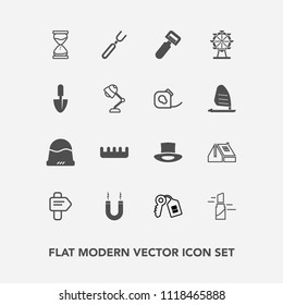 Modern, simple vector icon set with security, hair, care, magnet, comb, brush, house, beauty, red, peeler, fork, dinner, home, hour, window, kitchen, construction, magnetic, restaurant, roof icons