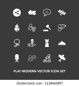 Modern, simple vector icon set on dark background with chat, growth, armchair, home, life, research, speech, station, seedling, dress, fashion, female, science, airplane, interior, plane, orbit icons