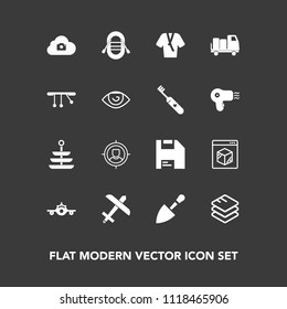 Modern, simple vector icon set on dark background with flight, shipping, food, fashion, eye, bathrobe, health, diskette, ship, computer, airplane, equipment, brush, delivery, sailboat, web, sign icons
