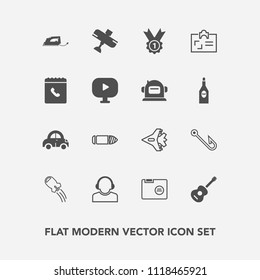 Modern, simple vector icon set with automobile, plane, paper, car, bullet, folder, winner, rocket, travel, award, file, office, fishing, weapon, iron, service, gun, space, business, transport icons