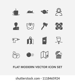 Modern, simple vector icon set with young, meat, gold, world, road, pin, drink, lady, cafe, cappuccino, food, work, book, saturn, paper, account, game, bowling, space, restaurant, map, delete icons