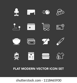 Modern, simple vector icon set on dark background with shirt, sale, pen, clothes, stationery, business, empty, ufo, hamburger, plastic, spaceship, menu, card, artist, sport, space, table, price icons