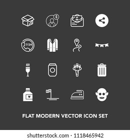 Modern, simple vector icon set on dark background with account, housework, hygiene, aluminum, drink, clothes, tin, finance, new, red, bin, monster, mail, alien, sign, garbage, recycling, iron icons