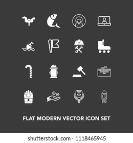 Modern, simple vector icon set on dark background with keyboard, sweet, fast, law, london, clock, fish, song, food, voice, money, seafood, snack, computer, ben, department, hand, potato, safety icons
