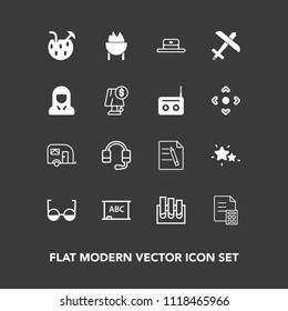 Modern, Simple Vector Icon Set On Dark Background With Research, Microphone, Black, Medicine, Juice, Transportation, Laboratory, Blackboard, Analysis, Eye, Business, Van, Paper, Meat, Night, Cap Icons