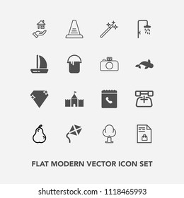 Modern, simple vector icon set with kite, organic, magician, food, call, boat, tree, pear, fresh, ship, tower, concept, magic, telephone, fruit, list, environment, wind, internet, shopping, step icons