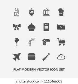 Modern, simple vector icon set with business, travel, wear, airplane, photography, photo, add, sandwich, decoration, money, art, burger, food, commerce, bank, graphic, style, internet, clothing icons