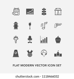 Modern, simple vector icon set with drink, modern, sign, leather, sweet, hydrant, pie, graph, bag, diagram, house, liquid, rucksack, trend, fitness, street, glass, technology, winner, office icons