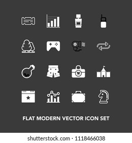 Modern, simple vector icon set on dark background with scan, celebration, equipment, old, white, tower, phone, template, brush, entertainment, trend, medicine, graph, finance, shorts, fashion icons