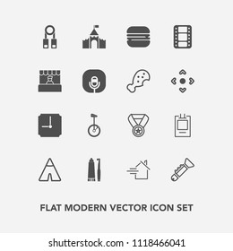Modern, simple vector icon set with time, dental, jazz, food, bike, building, film, estate, rent, training, house, bugle, success, home, prize, medieval, hour, award, hygiene, musical, outdoor icons