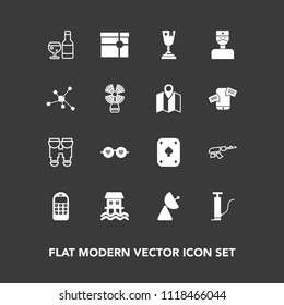 Modern, simple vector icon set on dark background with sunglasses, fashion, phone, place, travel, radio, present, award, alcohol, boat, achievement, sign, pump, houseboat, mobile, weapon, glass icons