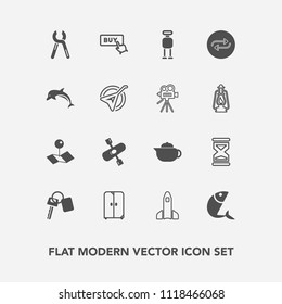 Modern, simple vector icon set with industrial, pointer, river, breakfast, white, launch, reparation, science, cabinet, pin, repair, interior, seafood, home, teapot, clock, automobile, location icons