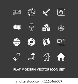Modern, simple vector icon set on dark background with house, doughnut, rice, pie, bubble, pencil, presentation, raking, travel, people, food, beach, gardening, cake, building, chat, umbrella icons
