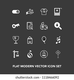 Modern, simple vector icon set on dark background with fan, water, ventilator, home, celebration, earth, space, construction, shattered, well, old, music, sound, hammer, typography, musical,  icons