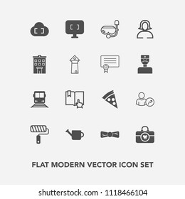 Modern, simple vector icon set with sea, monitor, screen, face, transportation, computer, equipment, gardening, tie, woman, bow, health, young, technology, account, plant, book, water, train icons