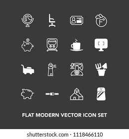 Modern, simple vector icon set on dark background with toy, coin, global, mower, seasoning, card, background, salt, sea, vintage, id, business, investment, comfortable, ocean, world, light, sand icons