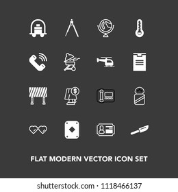 Modern, simple vector icon set on dark background with instrument, phone, dinner, poker, salt, fashion, street, equipment, light, lamp, sun, spice, ingredient, traffic, knife, play, white, tool icons