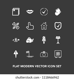 Modern, simple vector icon set on dark background with web, ice, teeth, repair, tea, beauty, bank, security, beverage, fruit, satellite, female, mexico, dessert, teapot, lips, check, safe, socks icons