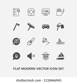 Modern, simple vector icon set with phone, hot, checklist, plane, water, boat, aircraft, call, ringing, flight, box, steam, travel, shovel, business, package, ship, picture, kitchen, equipment icons