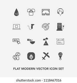 Modern, simple vector icon set with fashion, radio, music, water, aircraft, white, dinner, wear, button, modern, blue, web, wine, buy, clinic, technology, mushroom, tshirt, travel, drink, map icons