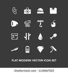 Modern, simple vector icon set on dark background with shirt, white, health, paint, construction, equipment, mobile, roll, gem, cutlery, old, clothing, care, nature, cell, technology, knife, new icons