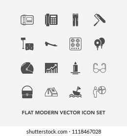 Modern, simple vector icon set with stationary, tool, fashion, people, motorbike, candle, roof, bag, nautical, light, sailboat, flame, brush, presentation, concept, trend, helmet, bed, phone icons