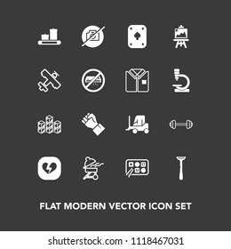 Modern, simple vector icon set on dark background with distribution, sport, restaurant, camera, truck, game, warehouse, grill, heart, chinese, exercise, poker, car, people, gym, meat, finger, no icons