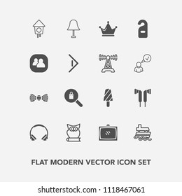 Modern, simple vector icon set with clothes, bird, motel, interior, label, animal, television, summer, sound, ship, boat, queen, crown, woman, audio, fruit, food, bow, wooden, music, tv, owl icons