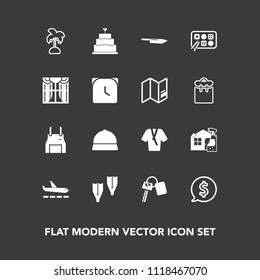 Modern, simple vector icon set on dark background with knife, cook, key, circle, nature, sweet, sea, housework, spray, fashion, pinafore, cleaner, auto, dessert, sign, label, underwater, tag icons