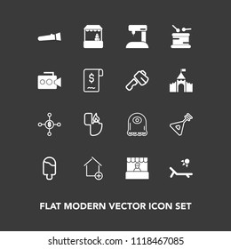 Modern, simple vector icon set on dark background with lamp, investment, fire, monster, flashlight, cartoon, light, torch, object, grocery, cigarette, property, night, business, alien, dessert icons