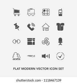 Modern, simple vector icon set with landscape, workout, travel, market, airport, check, retail, armchair, strike, fitness, cart, sound, oven, speaker, volume, interior, ventilator, trolley, ball icons