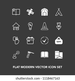 Modern, simple vector icon set on dark background with gift, barn, shop, profile, online, library, present, station, planet, building, literature, tent, house, holiday, technology, real, hygiene icons
