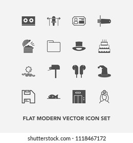 Modern, simple vector icon set with post, office, entrance, food, music, identity, circus, mailbox, business, weight, care, audio, doctor, file, lift, landscape, paper, sport, coffee, hat, sun icons