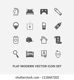 Modern, simple vector icon set with glass, toilet, business, transport, container, train, address, hotel, tin, bat, bed, bedroom, wood, game, mobile, telephone, horse, document, can, job, wc icons