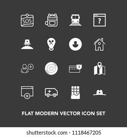Modern, simple vector icon set on dark background with pin, web, rescue, auto, rucksack, leather, dessert, money, travel, modern, cowboy, road, bar, chocolate, transportation, cash, sos, hat icons