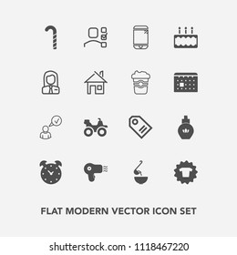 Modern, simple vector icon set with dessert, clothing, touchscreen, clothes, food, clock, spoon, cell, dryer, bike, lollipop, quad, mobile, hairdryer, shirt, bottle, internet, sale, time, candy icons