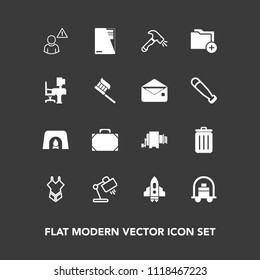 Modern, simple vector icon set on dark background with summer, pasta, lamp, file, can, bikini, leather, equipment, document, food, rocket, fire, network, baggage, profile, christmas, sign, bag icons