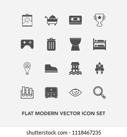 Modern, simple vector icon set with human, play, rocket, map, winner, search, location, houseboat, picture, joystick, medical, research, craft, place, achievement, eye, fashion, photo, award icons
