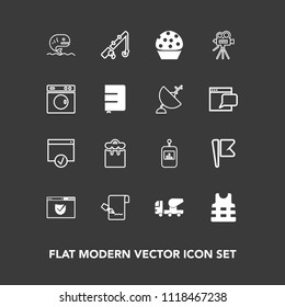 Modern, simple vector icon set on dark background with rod, phone, seafood, fishing, internet, safety, website, web, doughnut, fish, america, television, nation, people, security, page, reel, tv icons