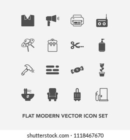 Modern, simple vector icon set with bowl, media, table, printer, music, equipment, megaphone, template, oil, candy, gasoline, petrol, bag, plant, new, home, pot, white, layout, business, chinese icons