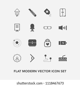 Modern, simple vector icon set with health, full, music, cabinet, web, energy, button, fashion, arrow, furniture, bottle, cutter, home, baby, electricity, style, interior, point, online, right icons