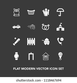 Modern, simple vector icon set on dark background with umbrella, king, market, scan, wall, white, animal, machine, call, fence, sport, location, strategy, equipment, bedroom, smart, customer icons