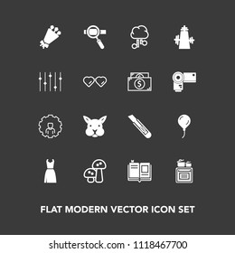 Modern, simple vector icon set on dark background with online, cutter, web, animal, fashion, education, communication, cooking, laptop, dress, glasses, nature, sign, research, literature, rabbit icons